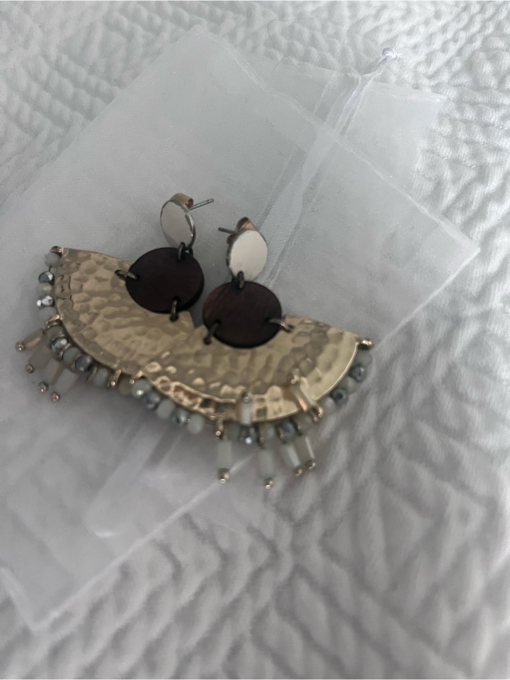 Gold Hammered Half-Moon Drop Earrings with Bead Fringe